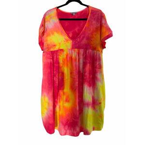 White Birch Neon Pink & Orange Tie Dye T-Shirt Dress Short Sleeve Mini - Size M